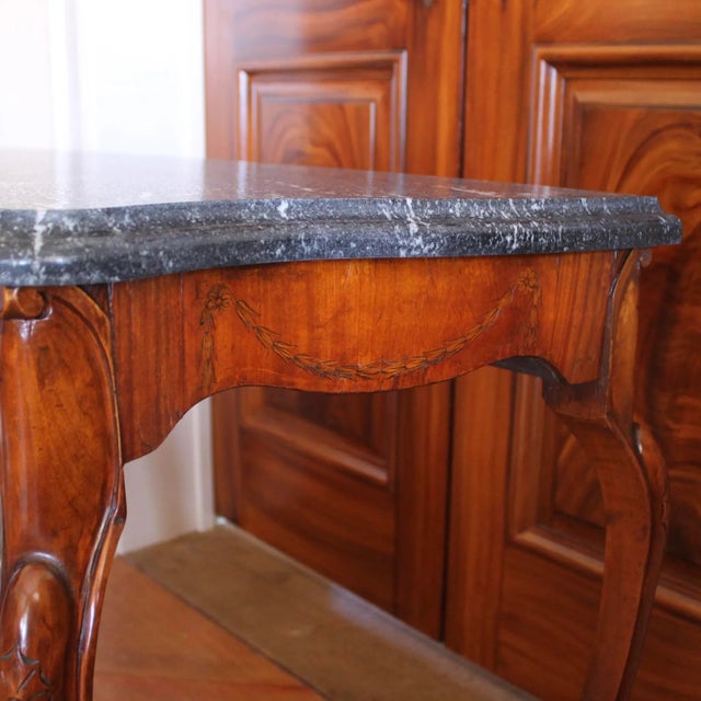 Chestnut Pair of Edwardian Satinwood Marquetry Console Tables With Marble Tops For Sale - Image 8 of 12