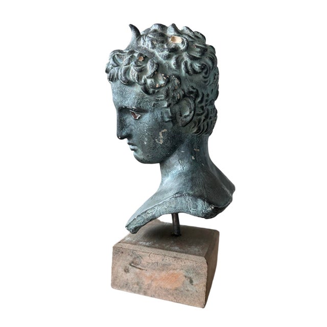 Contemporary Vintage Head Bust in Stone, Verdigris Finish For Sale - Image 3 of 5