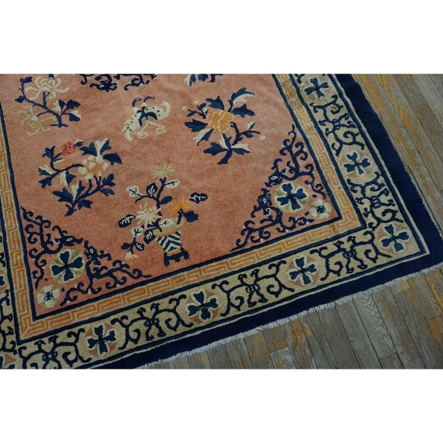 1890s Classic Medallion Antique Peking Chinese Wool Coral Hand Knotted Small Rug For Sale - Image 4 of 9