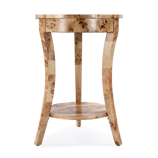 2020s Holdin 18 in. W Round Wood Side Table with Lower Open Shelf, Light Burl For Sale - Image 5 of 9