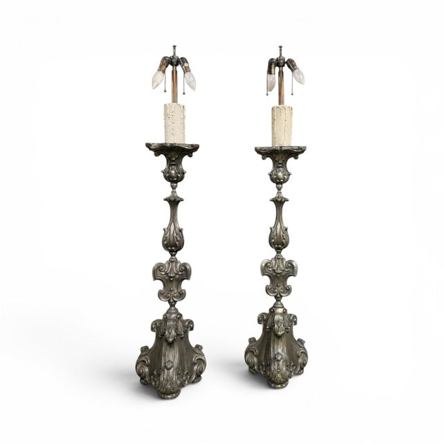Early 20th Century Pair Antique Solid Pewter Baroque Style Candlestick Floor Lamps For Sale - Image 5 of 12