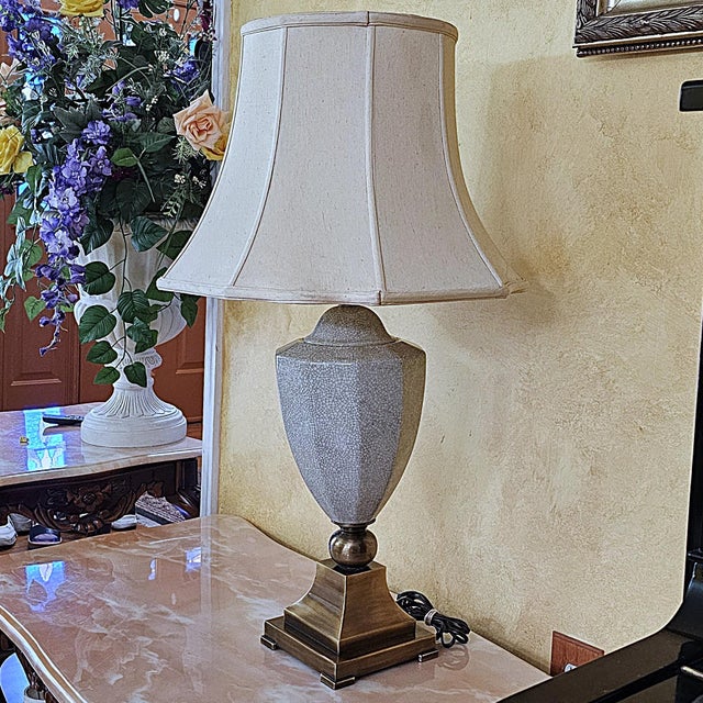 Vintage Crackle Glaze Ceramic Table Lamp on Antiqued Brass Base, Transitional Style For Sale - Image 10 of 18