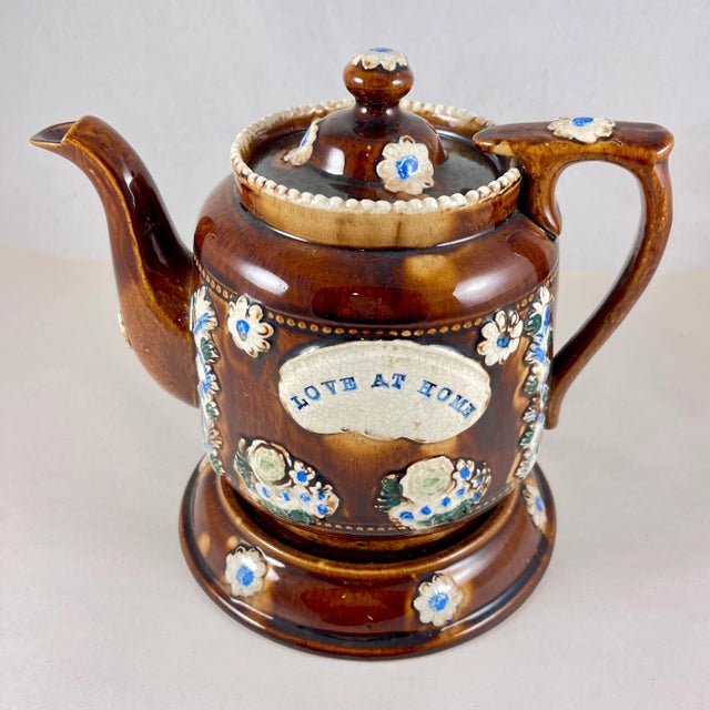 Late 19th Century English Measham Bargeware Love at Home Teapot on Stand For Sale - Image 5 of 12
