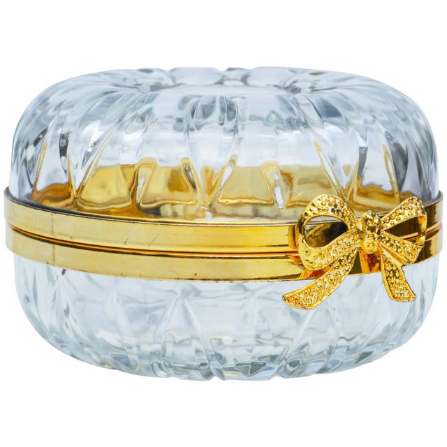 Vintage textured candy jar with ornate crystal-cut design and golden embellishment. No maker's mark. This gorgeous accent...