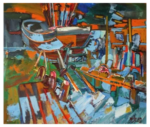 Valdis Bush, Boat on the Waterfront, 1989, Oil on Cardboard