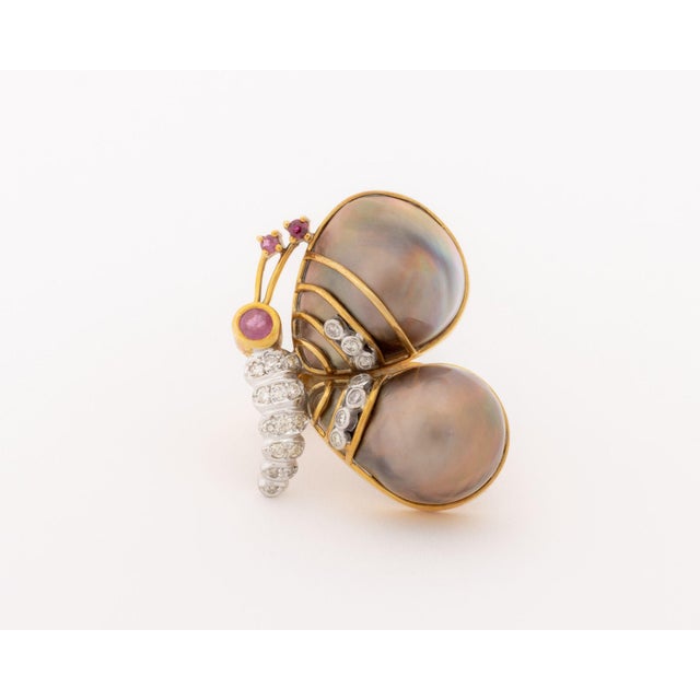 18k Rose Gold, Diamond, Ruby, and Pearl Butterfly-Form Ring For Sale - Image 4 of 9