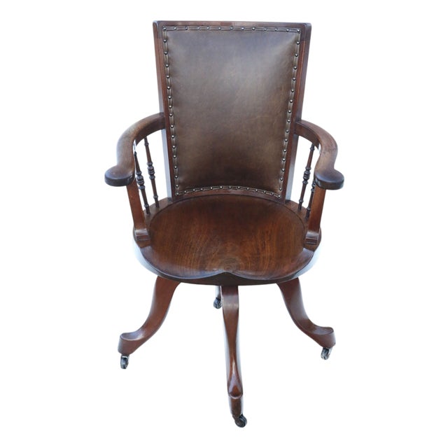 Antique Mahogany and Leather Swivel Captain's Chair, 1900s For Sale