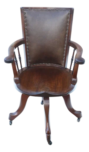 Antique Mahogany and Leather Swivel Captain's Chair, 1900s