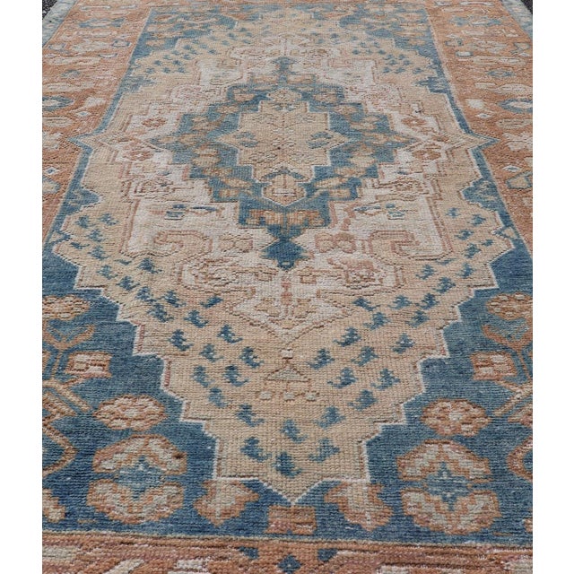 Shabby Chic Antique Turkish Oushak Rug in Rich Blues and Earth Tones For Sale - Image 3 of 10