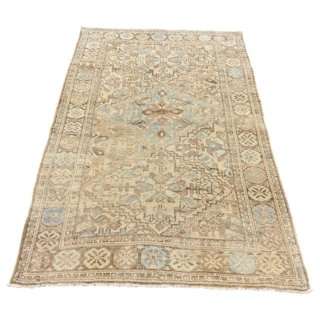 Antique Rug 4x6 | Faded Beige, Brown & Light Blue With Three Soft Medallions For Sale - Image 4 of 4