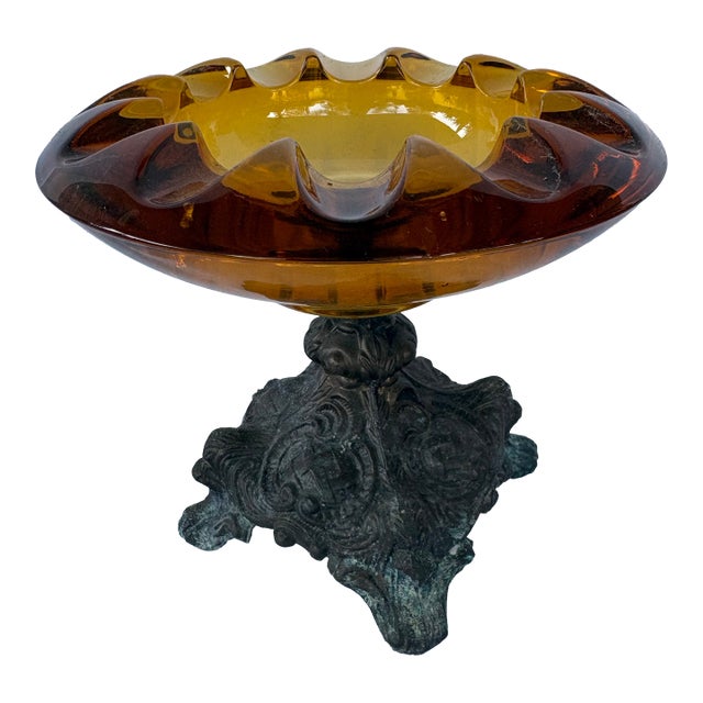 Antique Amber Glass Compote on Ornate Cast Metal Base, C. 1900–1920 For Sale