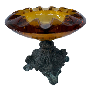 Antique Amber Glass Compote on Ornate Cast Metal Base, C. 1900–1920