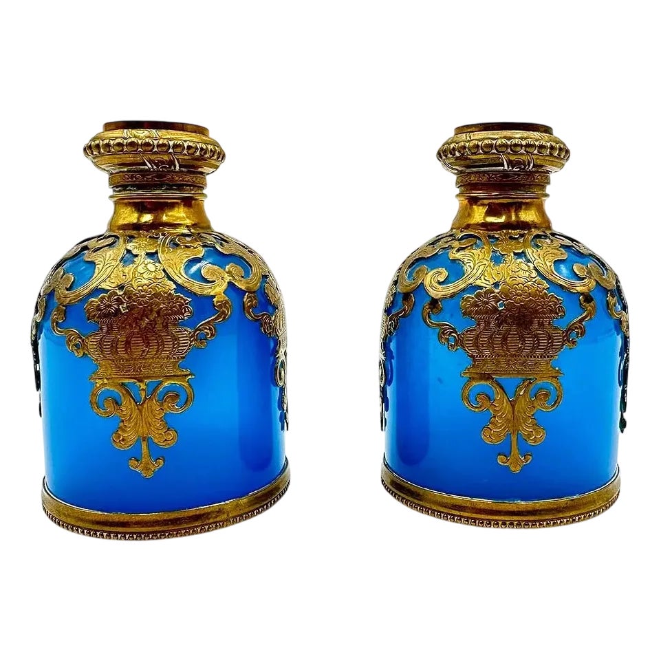French Turquoise Opaline Perfume Bottles with Watercolor