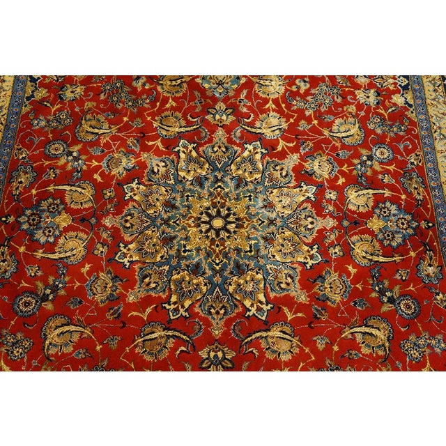 Traditional 1940s Classic Red Rust Field Floral Medallion Vintage Isfahan Silk Carpet Rug For Sale - Image 3 of 6