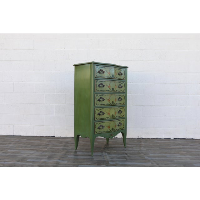 1950s French Provincial Hand-Painted Green Tall Chest of Drawers For Sale - Image 12 of 18