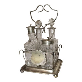 Antique 1800's Ornate Cut Crystal Nickel Plate Epns Cruet Condiment Set Caddy For Sale