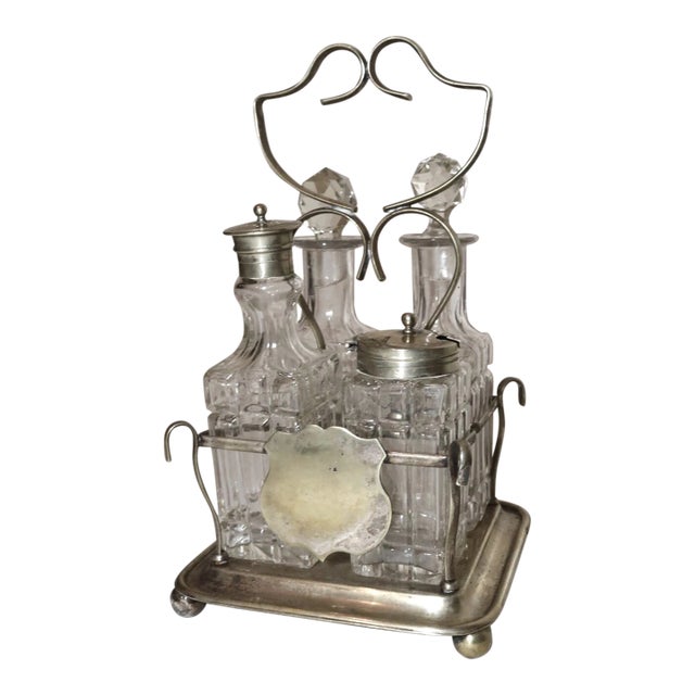 Antique 1800's Ornate Cut Crystal Nickel Plate Epns Cruet Condiment Set Caddy For Sale