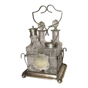 Antique 1800's Ornate Cut Crystal Nickel Plate Epns Cruet Condiment Set Caddy