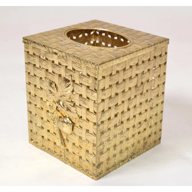 Charming Gold Finish handwoven Lattice Metal Paper Tissue Box Cover with a raised Strawberry Design on the Front. Large...
