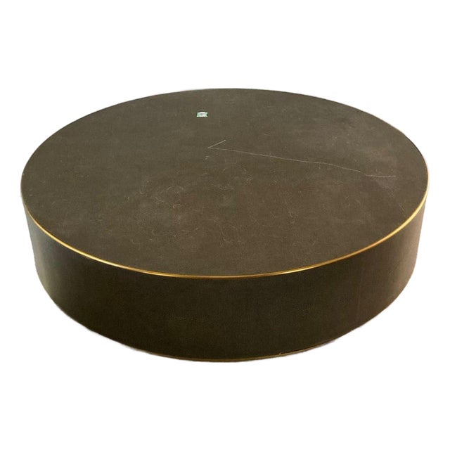 Restoration Hardware Graydon Shagreen Round Black Coffee Table With Brass Trim For Sale