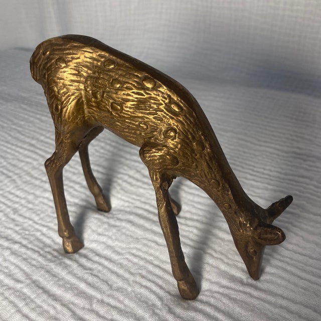 Vintage Mid-Century Solid Brass Grazing Deer/Fawn Figurine With Intricate Details For Sale - Image 11 of 11