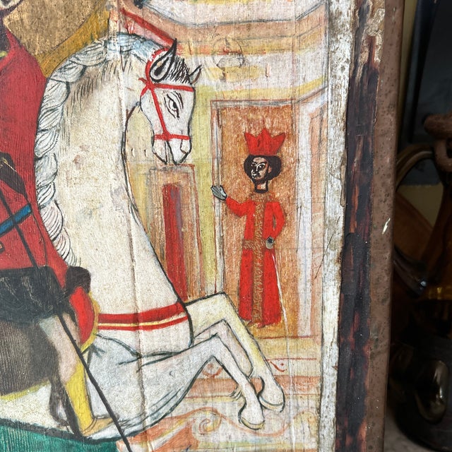 Large Antique 28" Eastern Orthodox Folk Art Icon - St. George & Dragon - 2" Wood Slab For Sale - Image 9 of 12