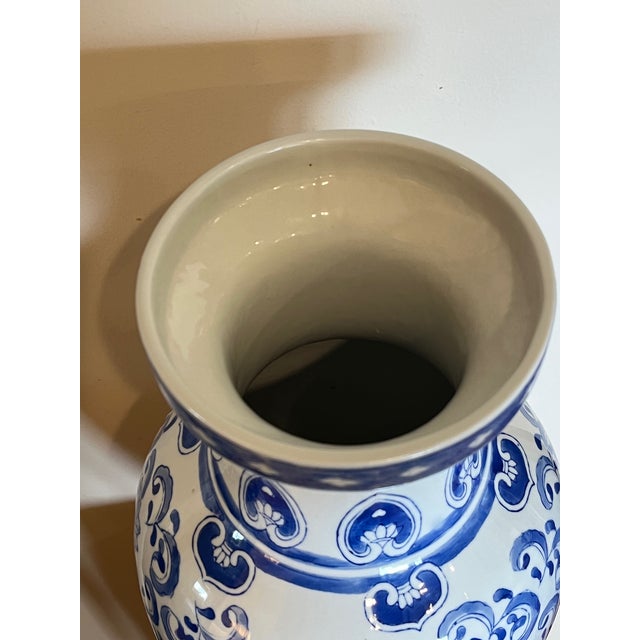 Chinese Late 20th Century Large 19" Chinese Blue & White Porcelain Peacock Vase & Carved Wood Stand For Sale - Image 3 of 9