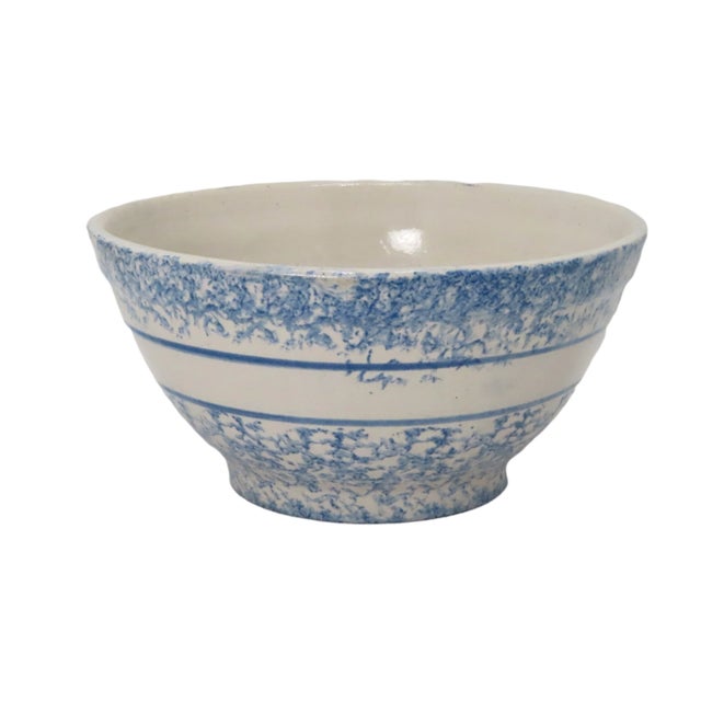 Antique American Blue Spongeware Decorated Stoneware 10 Inch Kitchen Mixing Bowl For Sale - Image 13 of 13