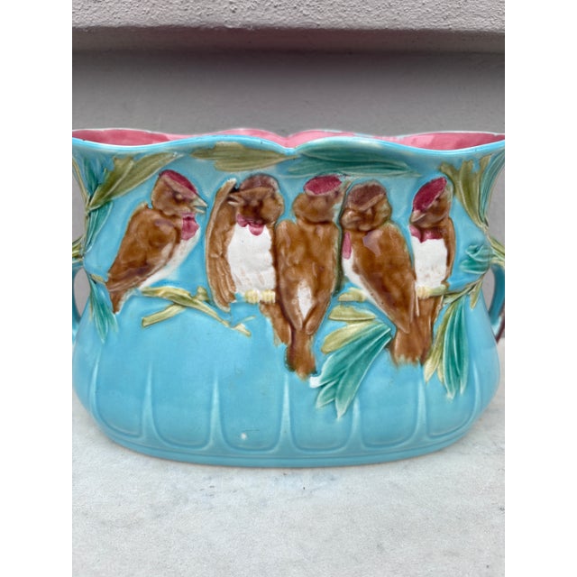 Majolica Parakeets jardinière planter signed Sarreguemines, circa 1880. Model 7122. Jardinière / Height 6.", length 10" on...