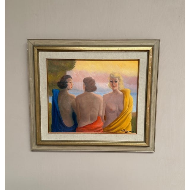 N. Leon, Three Women, 1947, Oil Painting on Panel, Framed For Sale - Image 17 of 18