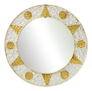 French Circular Mirror with Embossed Geometric Metal Frame, 1960s