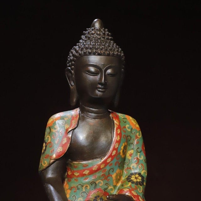 Bronze Vintage Cloisonné Enamel Bronze Figure of Amitabha Buddha – Seated Statue For Sale - Image 8 of 9