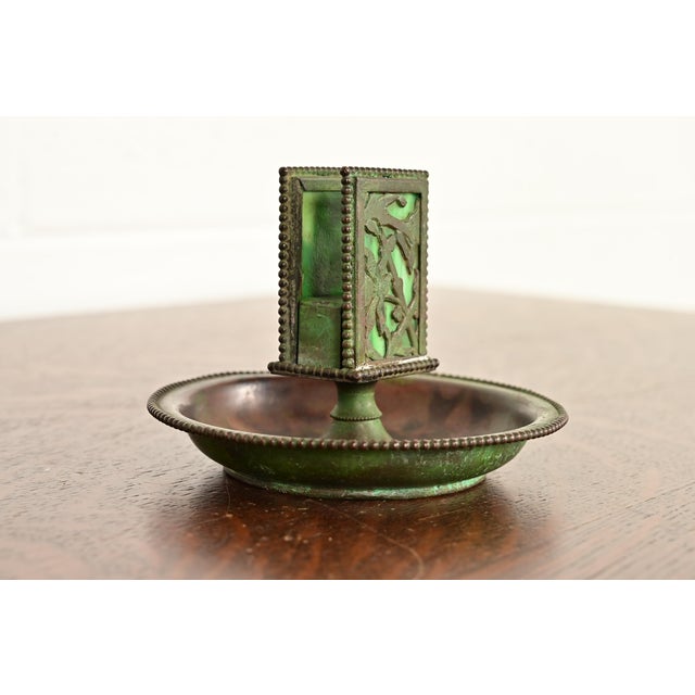 Art Deco Apollo Studios New York Arts & Crafts Grapevine Pattern Bronze and Slag Glass Ashtray With Matchbox Holder For Sale - Image 3 of 12