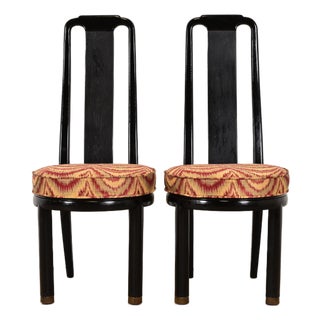 Henredon Hollywood Regency Chinoiserie Ebonized Walnut High Back Side Chairs or Dining Chairs, Pair For Sale