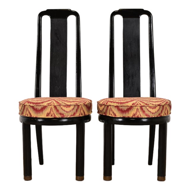 Henredon Hollywood Regency Chinoiserie Ebonized Walnut High Back Side Chairs or Dining Chairs, Pair For Sale