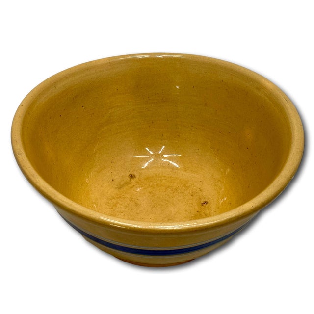 Antique Thick Yellow Ware 12 Inch Kitchen Mixing Bowl With Unusual 2 Color Blue Banded Decoration - Late 1800s. For Sale - Image 13 of 18