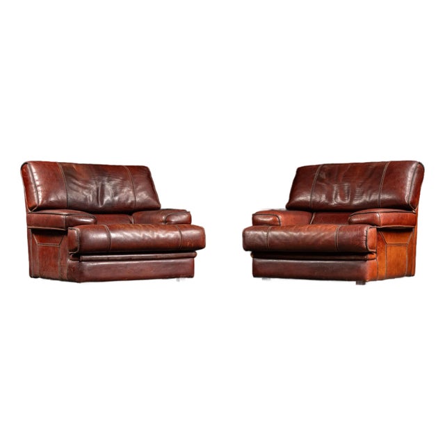 Pair of Mid 20th Century Italian-Inspired Leather Lounge Chairs in Red For Sale