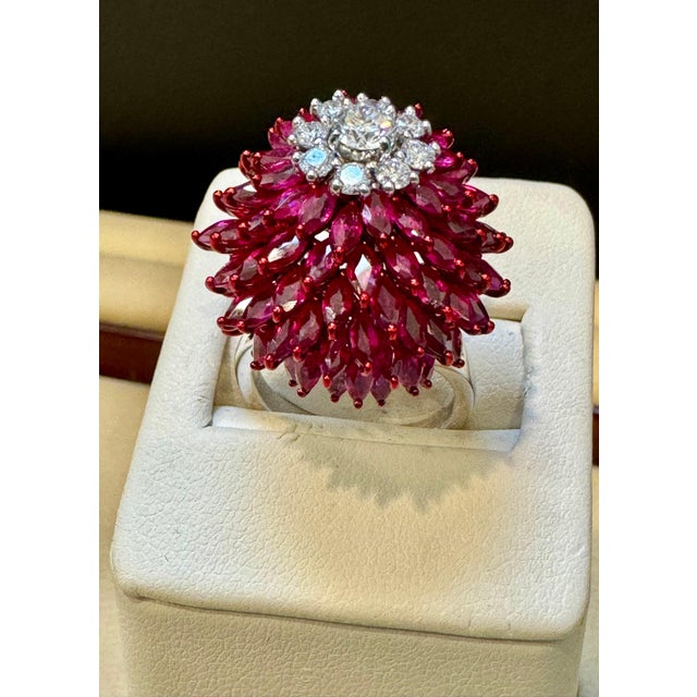 12 Ct Natural Marquis Ruby & 0.75 Ct Diamond 18 Kt White Gold Ball Ring Size 6 For Sale - Image 11 of 18