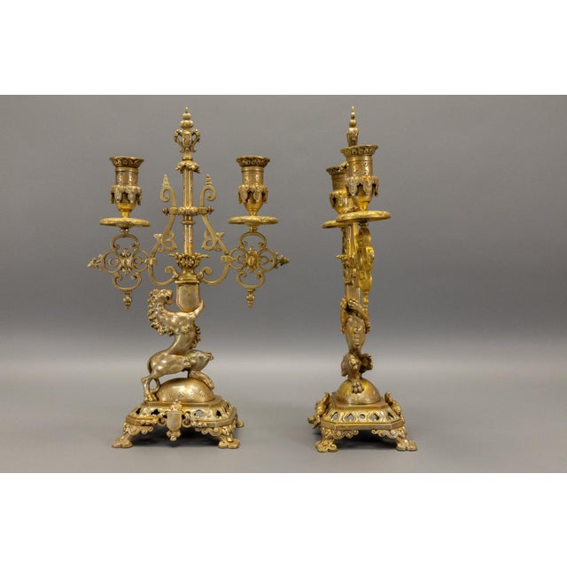 Neo-Gothic French Bronze Candelabras with Heraldic Lions, 1920s, Set of 2 For Sale - Image 17 of 18