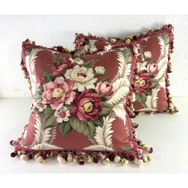 Early 20th Cent. Hand Printed Cotton Tasseled Floral Pillows/Pair For Sale - Image 9 of 9