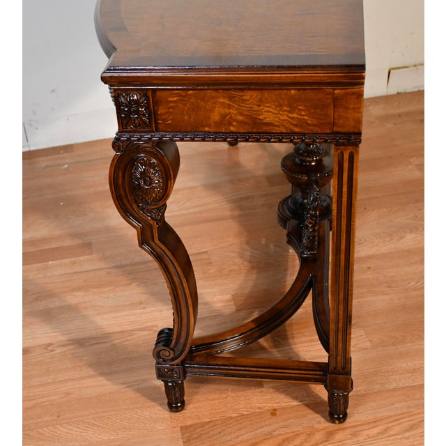 1900s Antique French Louis XVI Walnut & Satinwood Inlay Console Table For Sale - Image 13 of 18