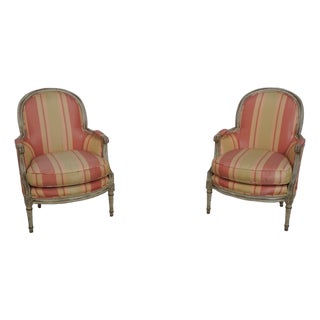 Pair Baker French Louis XVI Upholstered Bergere Chairs For Sale