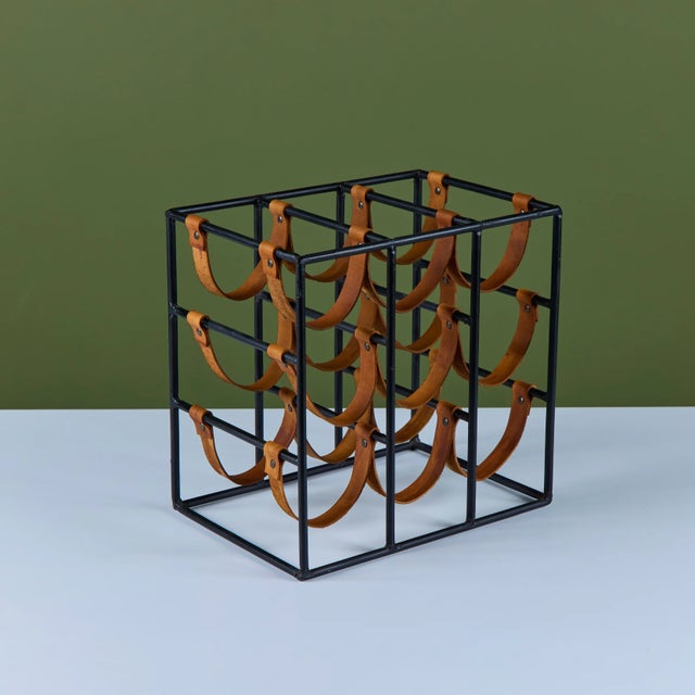Mid 20th Century Arthur Umanoff Wrought Iron and Leather Wine Rack For Sale In Los Angeles - Image 6 of 17