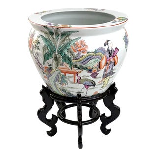 Vintage Chinese Porcelain Jardiniere or Goldfish Planter Bowl With Red Cranes Palm Trees Flowers Phoenixes and Female Figures For Sale