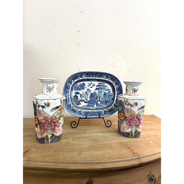 Pair of Floral Pink and Blues Vases Early 19 Century Chinese Guangxu Period Attributing the 17c Qianlong For Sale - Image 11 of 12