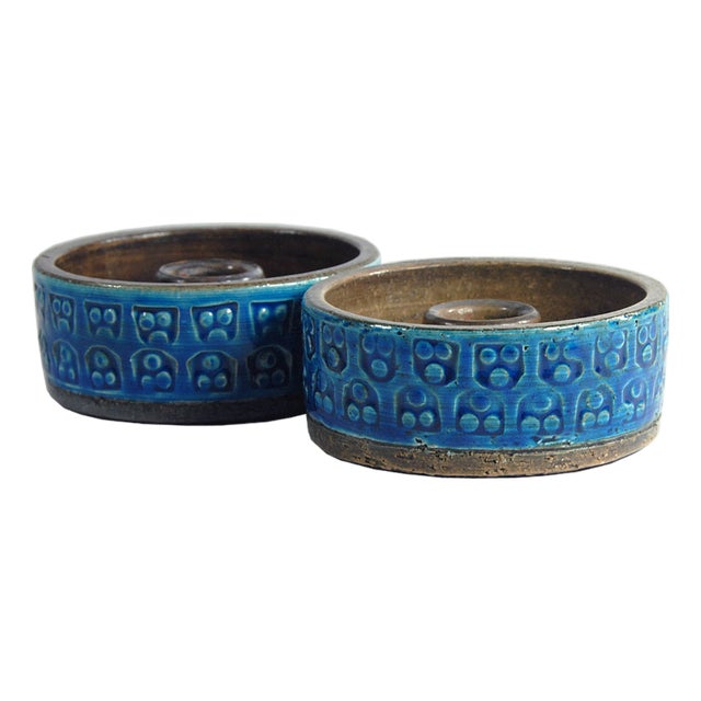 Italian Rimini Blue Ceramic Candleholders by Aldo Londi for Bitossi, 1970s, Set of 2 For Sale