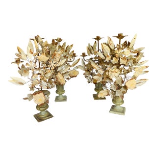 Anthropologie Altar Tole Flower Garland in Urn Candlesticks a Set of Two For Sale