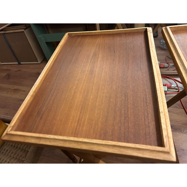 1960s Vintage Mid-Century Modern Dolphin Teak Folding Tv Tray Tables (Set) For Sale - Image 5 of 11