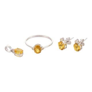 18k Gold Yellow Sapphire and Diamond Pendant, Ring Size 7, Stud Earrings - 4 Pieces For Sale