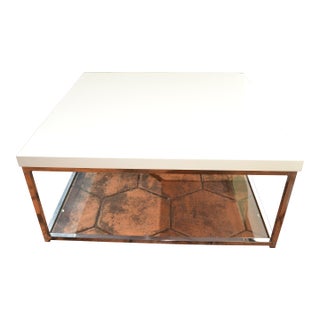 Modern White Glossy Top Chrome Coffee Table With Tempered Glass Bottom Shelf For Sale